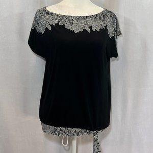 Clara SunWoo Black & White Lace Floral Design Tie-Waist Top Size Medium